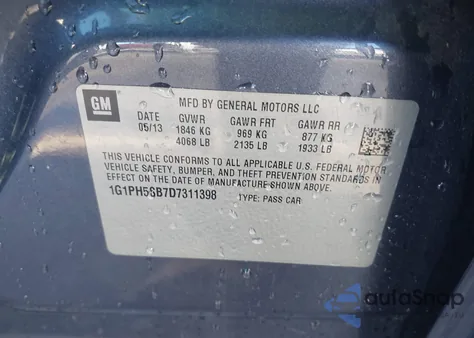 2013 Chevrolet Cruze Eco Auto из США, поврежденный, VIN 1G1PH5SB7D7311398